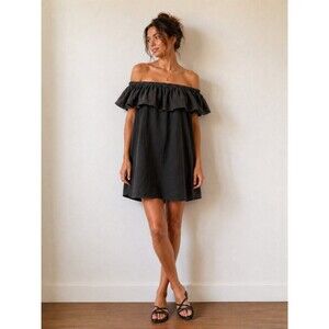 Line & Dot Anthropologie Black Off Shoulder Linen Dress | Boho Babydoll Mini